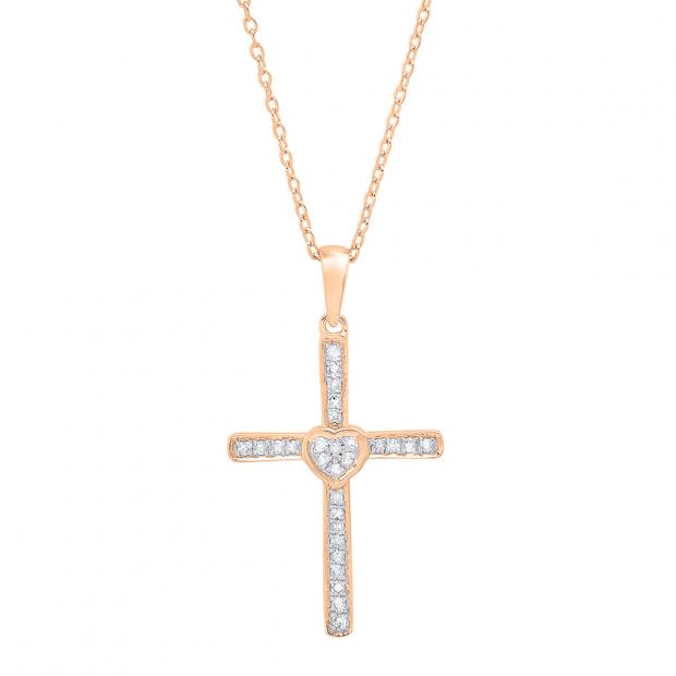 0.20 Carat (cttw) Round Diamond Heart Cross Pendant 1/5 CT (Gold Chain Included) 10K Rose Gold