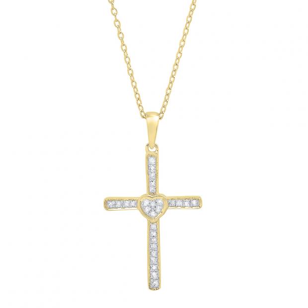 0.20 Carat (cttw) Round Diamond Heart Cross Pendant 1/5 CT (Gold Chain Included) 14K Yellow Gold