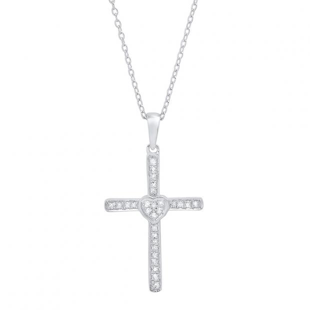 0.20 Carat (cttw) Round Diamond Heart Cross Pendant 1/5 CT (Gold Chain Included) 18K White Gold