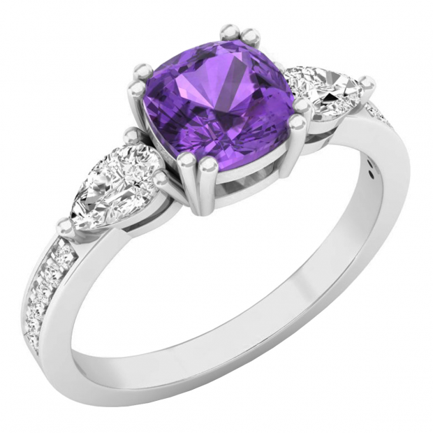 6 mm Cushion Amethyst Pear White Topaz & Round Diamond Ladies Engagement Ring 14K White Gold