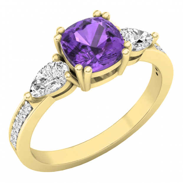 6 mm Cushion Amethyst Pear White Topaz & Round Diamond Ladies Engagement Ring 14K Yellow Gold