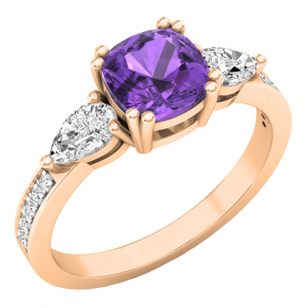 6 mm Cushion Amethyst Pear White Topaz & Round Diamond Ladies Engagement Ring 18K Rose Gold