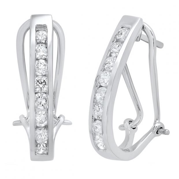 1.05 Carat (cttw) Round White Diamond Ladies J Shape Hoop Earrings 1 CT 10K White Gold
