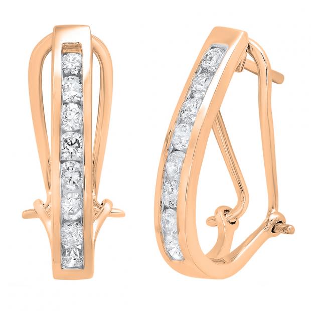 1.05 Carat (cttw) Round White Diamond Ladies J Shape Hoop Earrings 1 CT 18K Rose Gold