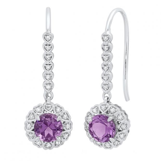 6 mm Round Amethyst and White Diamond Ladies Heart Drop Earrings 10K White Gold