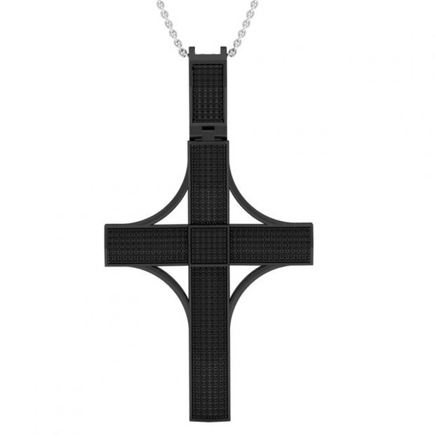 1.10 Carat (cttw) Round Black Diamond Mens Religious Cross Pendant Black Plated Sterling Silver