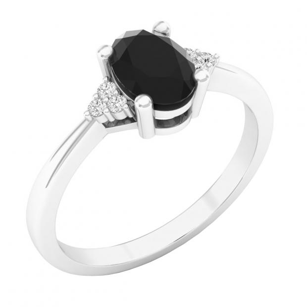 7X5 mm Oval Black Sapphire & Round Diamond Bridal Promise Ring Sterling Silver