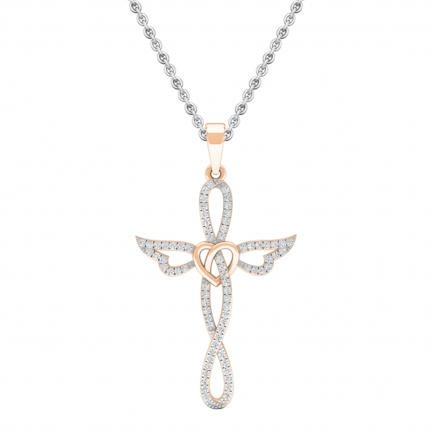 0.20 Carat (cttw) Round Diamond Ladies Cross Heart Winged Pendant 1/5 CT 10K Rose Gold