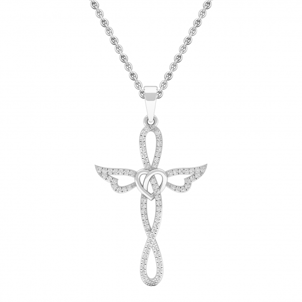 0.20 Carat (cttw) Round Diamond Ladies Cross Heart Winged Pendant 1/5 CT 14K White Gold