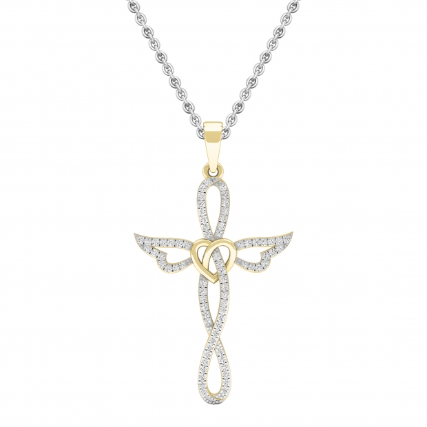 0.20 Carat (cttw) Round Diamond Ladies Cross Heart Winged Pendant 1/5 CT 14K Yellow Gold