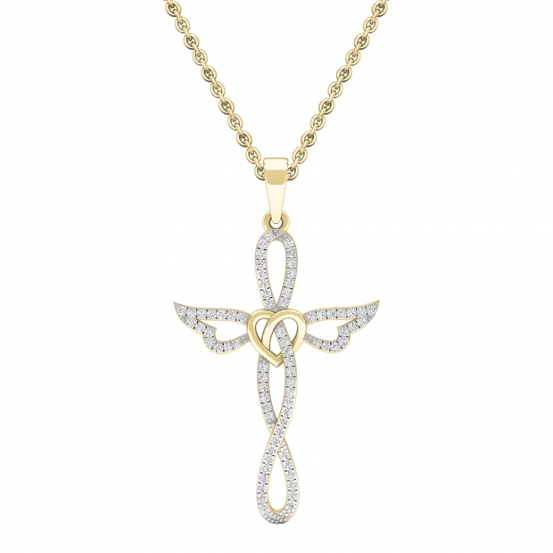 0.20 Carat (cttw) Round Diamond Ladies Cross Heart Winged Pendant 1/5 CT 10K Yellow Gold
