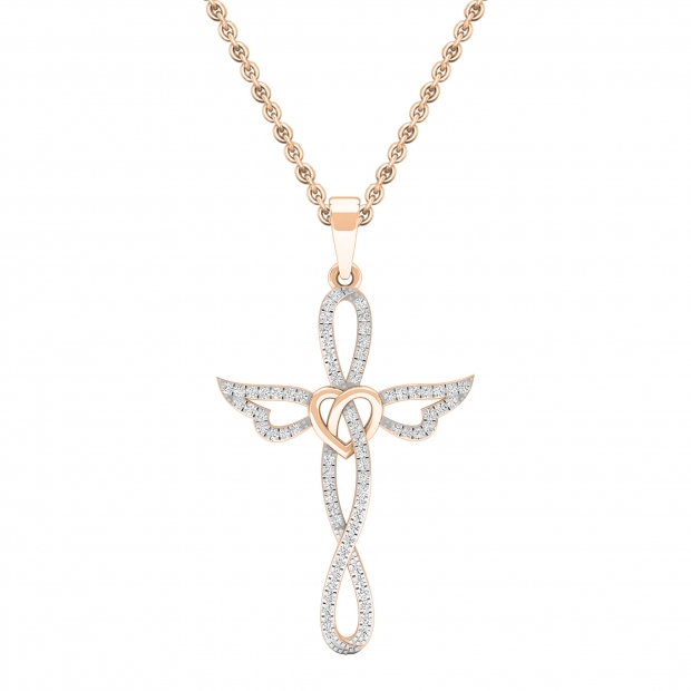 0.20 Carat (cttw) Round Diamond Ladies Cross Heart Winged Pendant 1/5 CT 18K Rose Gold