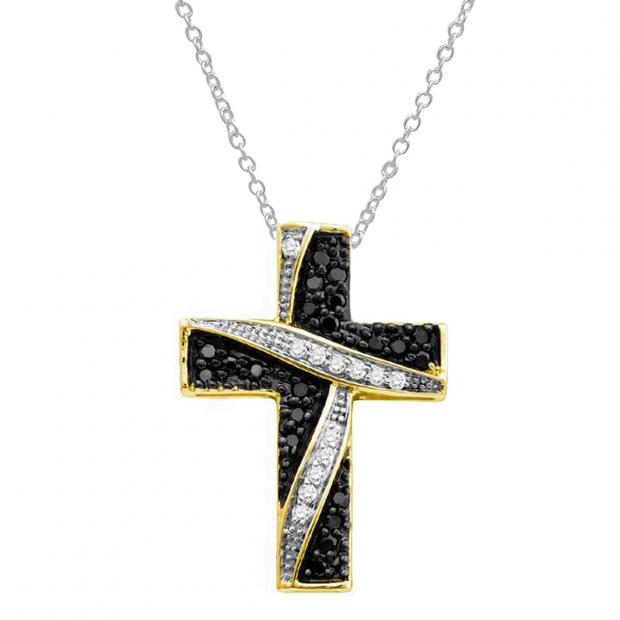 0.25 Carat (Cttw) Round Black and White Diamond Ladies Cross Pendant 1/4 CT 10K Yellow Gold