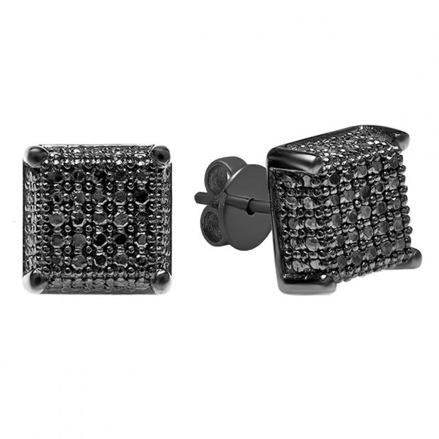 1.25 Carat (cttw) Round Black Diamond Dice Mens Stud Earrings 1 1/4 CT Black Rhodium Plated Sterling Silver