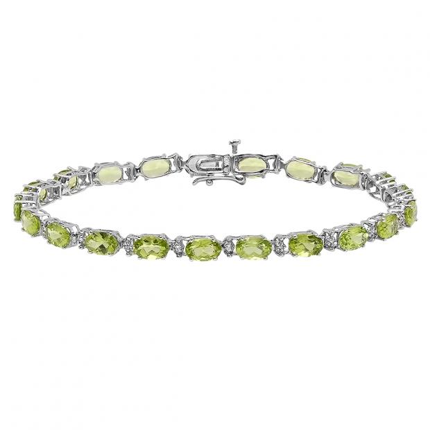 6X4 mm Oval Peridot & Round White Topaz Ladies Tennis Bracelet Sterling Silver