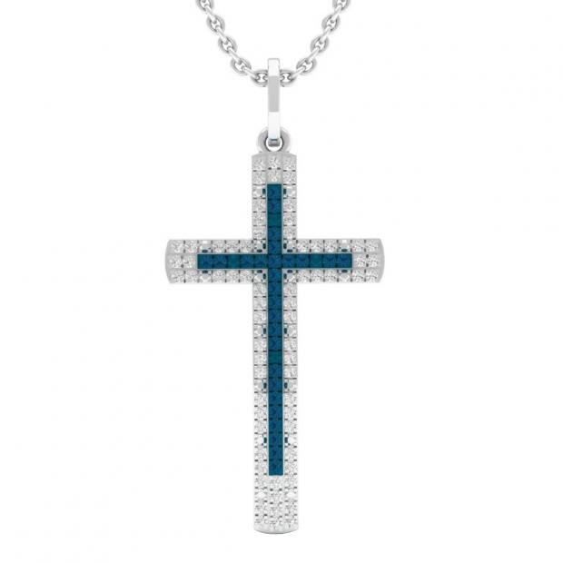 0.25 Carat (Cttw) Round Blue and White Diamond Ladies Cross Pendant 1/4 CT 10K White Gold
