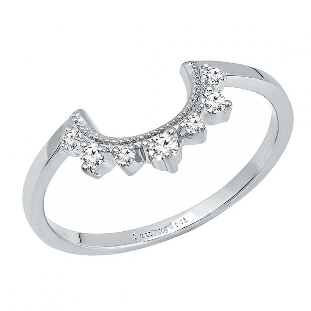0.15 cttw Round White Diamond Ladies Guard Curved Wedding Band for Solitaire Ring 10K White Gold