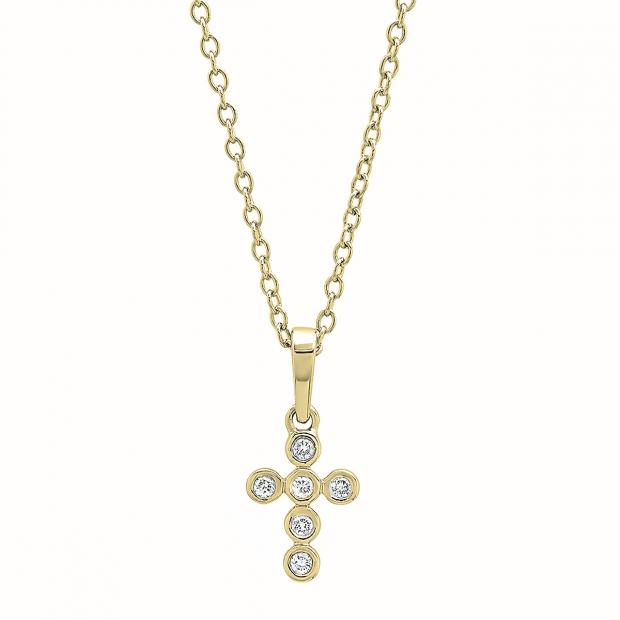 0.10 Carat (cttw) Round White Diamond Ladies Cross Pendant 1/10 CT (Gold Chain Included) 14K Yellow Gold