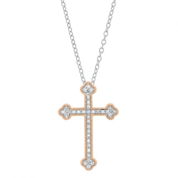 0.15 Carat (cttw) Round White Diamond Ladies Cross Pendant (Silver Chain Included) 10K Rose Gold
