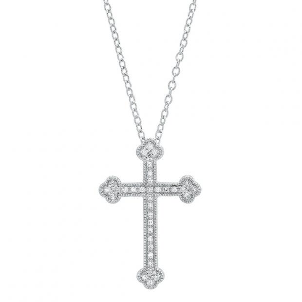 0.15 Carat (cttw) Round White Diamond Ladies Cross Pendant (Silver Chain Included) 10K White Gold