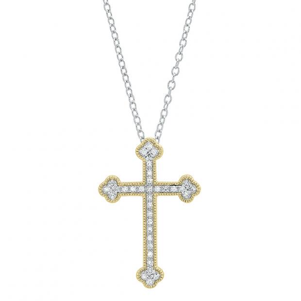 0.15 Carat (cttw) Round White Diamond Ladies Cross Pendant (Silver Chain Included) 10K Yellow Gold