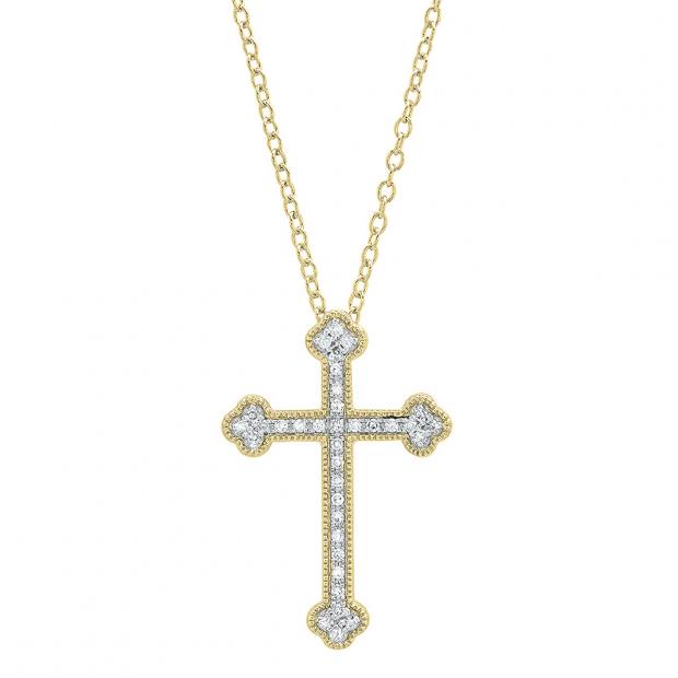 0.15 Carat (cttw) Round White Diamond Ladies Cross Pendant (Gold Chain Included) 10K Yellow Gold