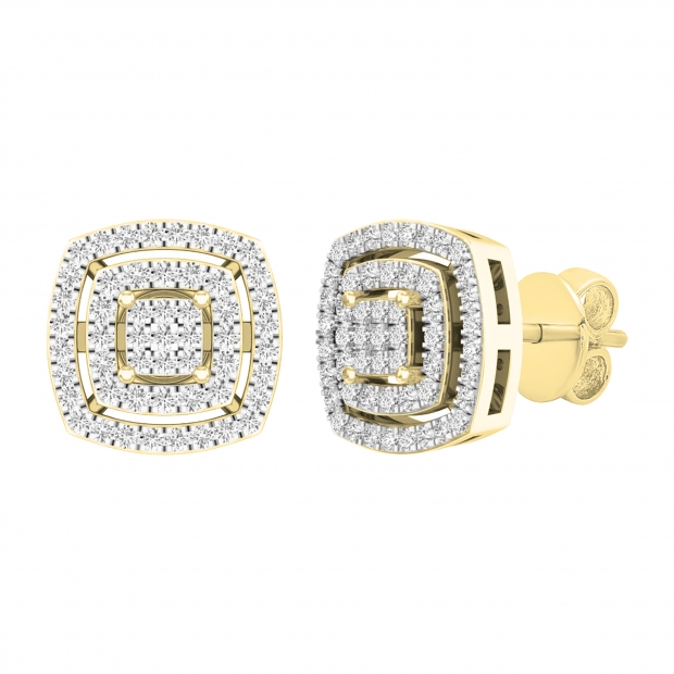 0.30 Carat (cttw) Round White Diamond Ladies Double Cushion Frame Stud Earrings 1/3 CT 14K Yellow Gold
