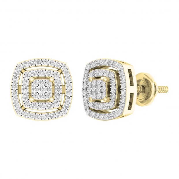 0.30 Carat (cttw) Round White Diamond Ladies Double Cushion Frame Stud Earrings 1/3 CT 14K Yellow Gold