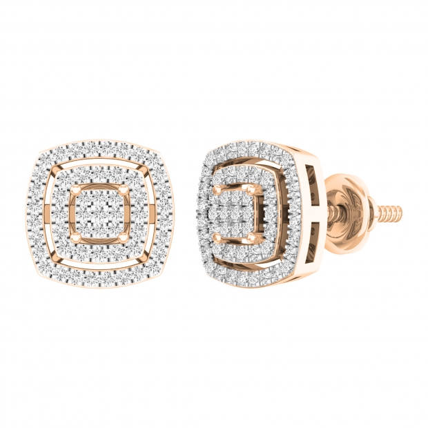0.30 Carat (cttw) Round White Diamond Ladies Double Cushion Frame Stud Earrings 1/3 CT 18K Rose Gold