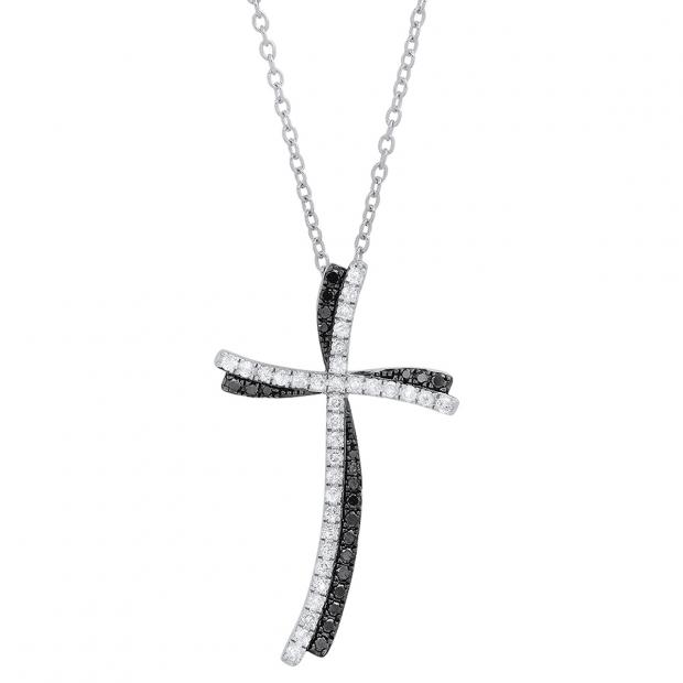0.55 Carat (cttw) Round Balck & White Diamond Ladies Double Wavy Cross Pendant 1/2 CT Sterling Silver