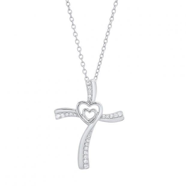 0.20 Carat (cttw) Round Diamond Ladies Double Heart Cross Pendant 1/5 CT (Silver Chain Included) 10K White Gold