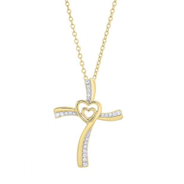 0.20 Carat (cttw) Round Diamond Ladies Double Heart Cross Pendant 1/5 CT (Gold Chain Included) 14K Yellow Gold