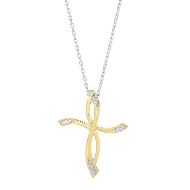 0.05 Carat (cttw) Round White Diamond Ladies Twist Cross Pendant (Silver Chain Included) 14K Yellow Gold