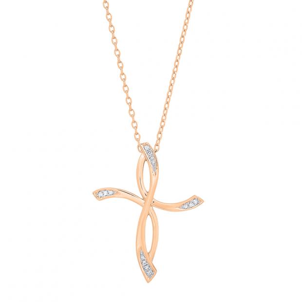 0.05 Carat (cttw) Round White Diamond Ladies Twist Cross Pendant (Gold Chain Included) 18K Rose Gold