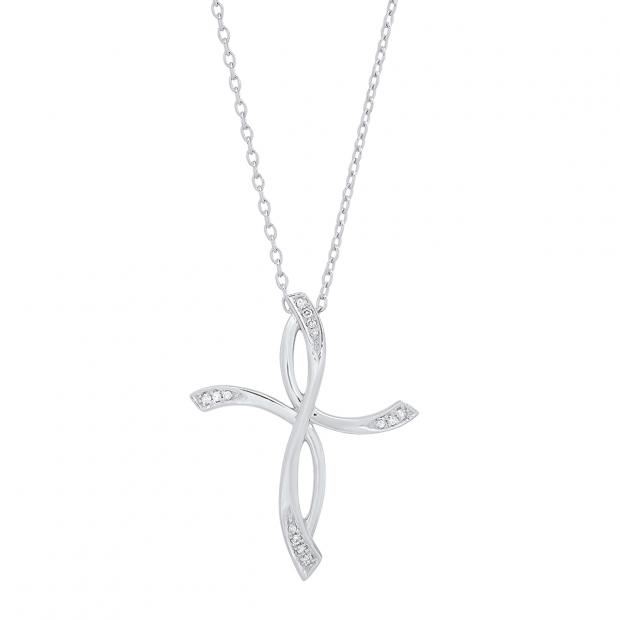 0.05 Carat (cttw) Round White Diamond Ladies Twist Cross Pendant (Gold Chain Included) 18K White Gold