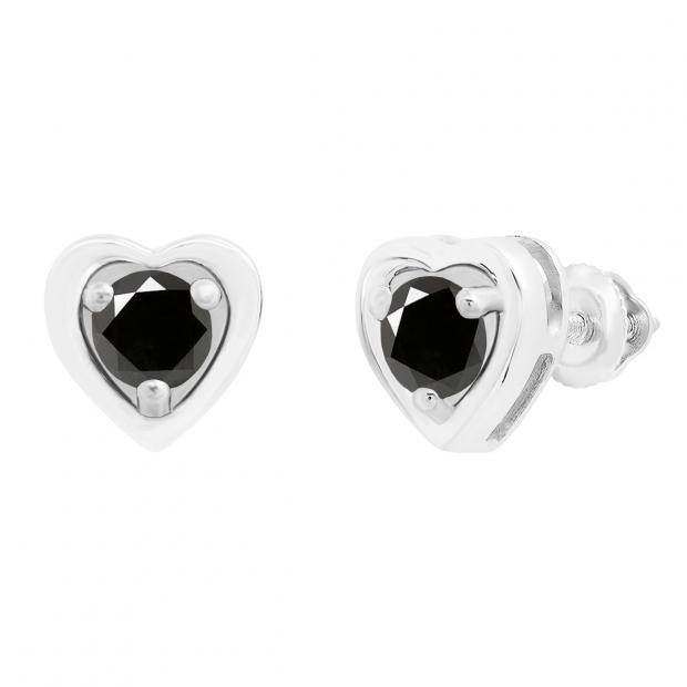 0.80 Carat (cttw) Round Black Diamond Ladies Solitaire Heart Shaped Stud Earrings 14K White Gold