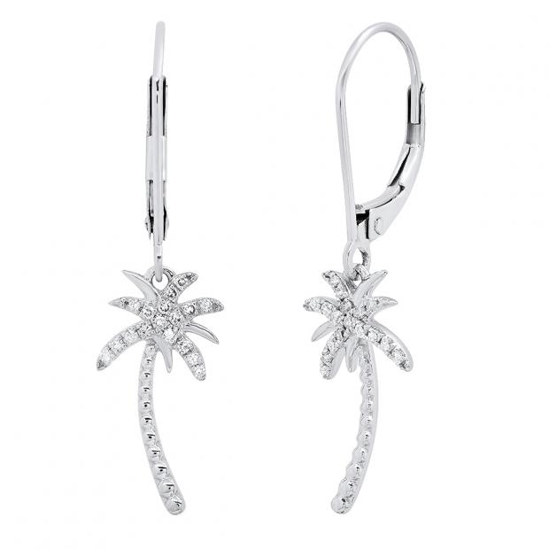 0.15 Carat (cttw) Round White Diamond Ladies Beaded Palm Tree Drop Earrings 18K White Gold