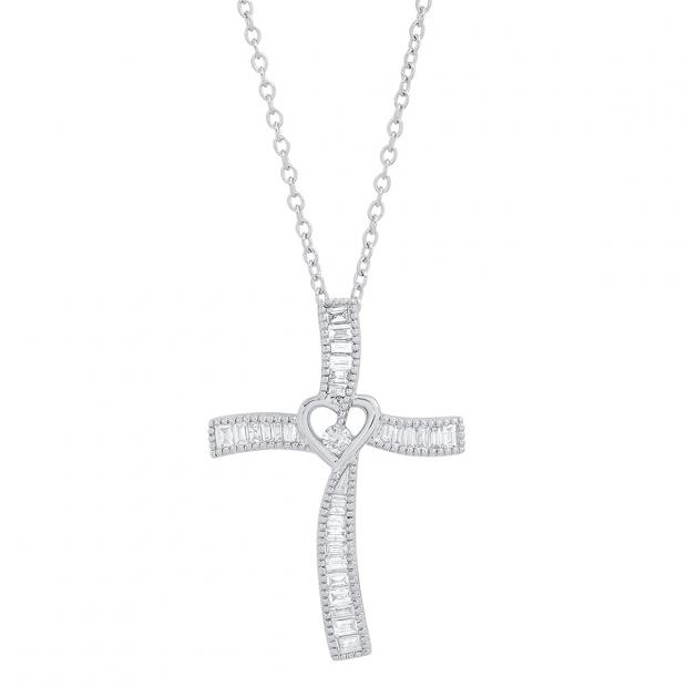 0.50 Carat (cttw) Round & Baguette Diamond Ladies Heart Cross Pendant 1/2 CT 10K White Gold
