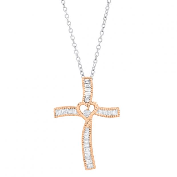 0.50 Carat (cttw) Round & Baguette Diamond Ladies Heart Cross Pendant 1/2 CT 18K Rose Gold