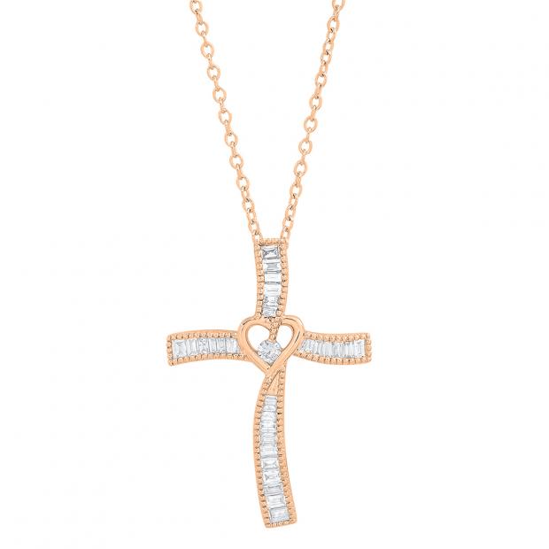 0.50 Carat (cttw) Round & Baguette Diamond Ladies Heart Cross Pendant 1/2 CT 10K Rose Gold