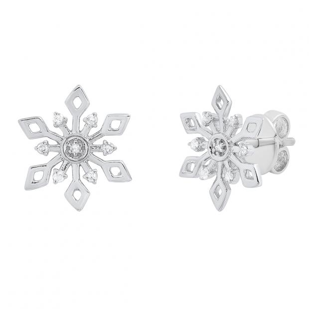 0.10 Carat (cttw) Round White Diamond Snowflake Ladies Stud Earring Sterling Silver