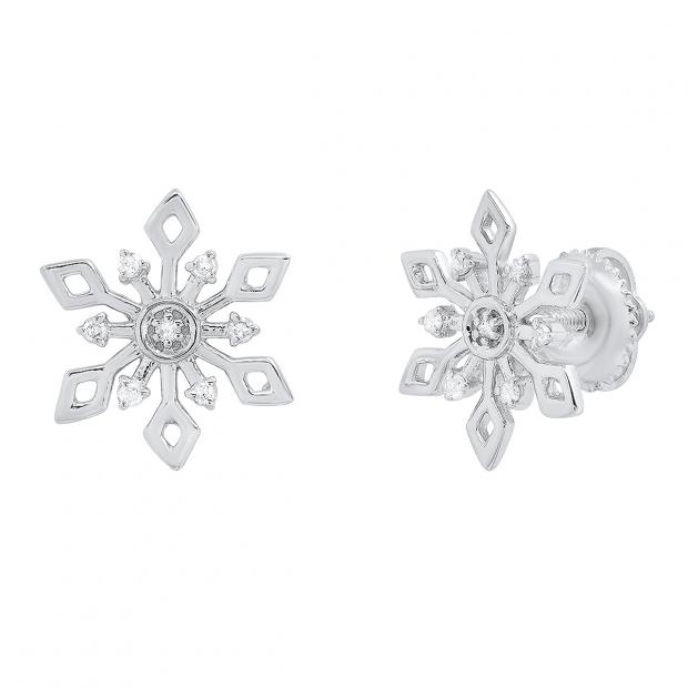 0.10 Carat (cttw) Round White Diamond Snowflake Ladies Stud Earring Sterling Silver