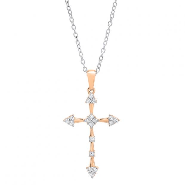 0.25 Carat (cttw) Round White Diamond Ladies Cross Pendant 1/4 CT 10K Rose Gold