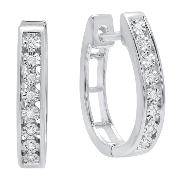 0.06 Carat (cttw) Round White Diamond Ladies Huggies Hoop Earrings Sterling Silver