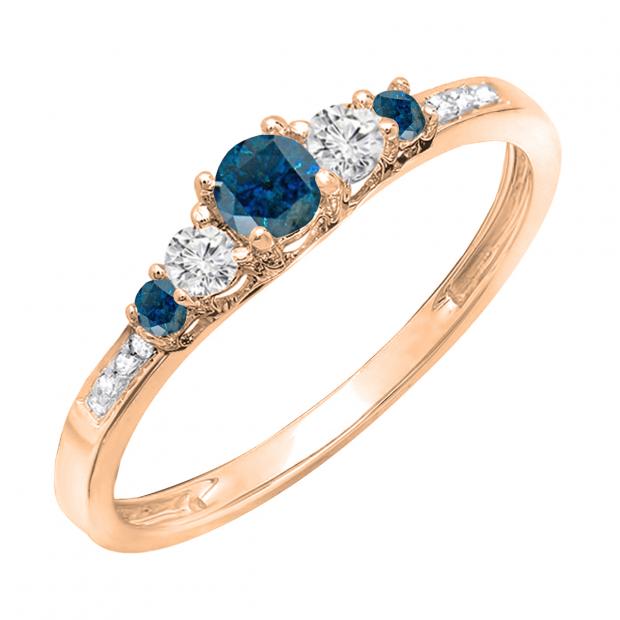 0.35 Carat (cttw) Round Blue and White Diamond Ladies Engagement Ring 1/3 CT 14K Rose Gold