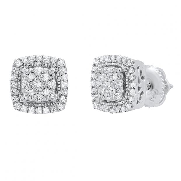 0.20 Carat (cttw) Round White Diamond Cushion Shape Stud Earrings 1/5 CT Sterling Silver