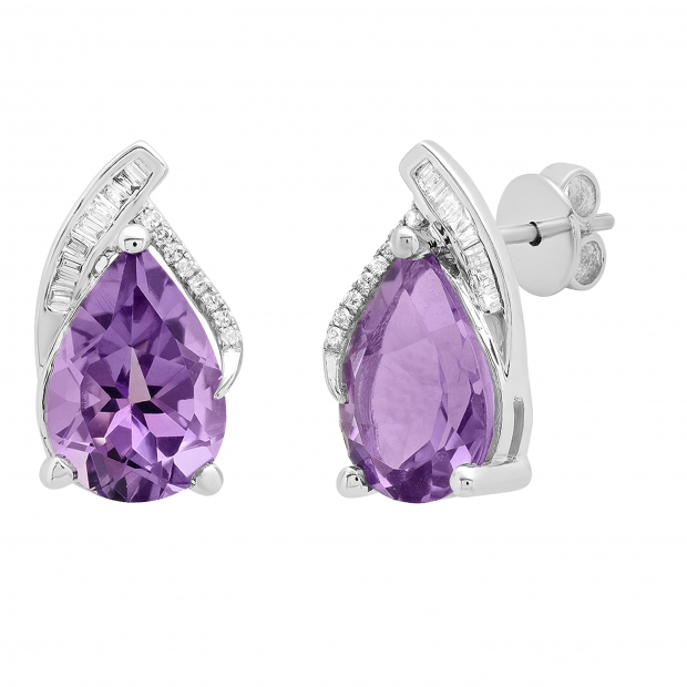 10X7 MM Each Pear Amethyst & Baguette & Round Diamond Ladies Stud Earrings Sterling Silver