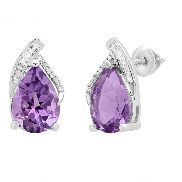 10X7 MM Each Pear Amethyst & Baguette & Round Diamond Ladies Stud Earrings Sterling Silver