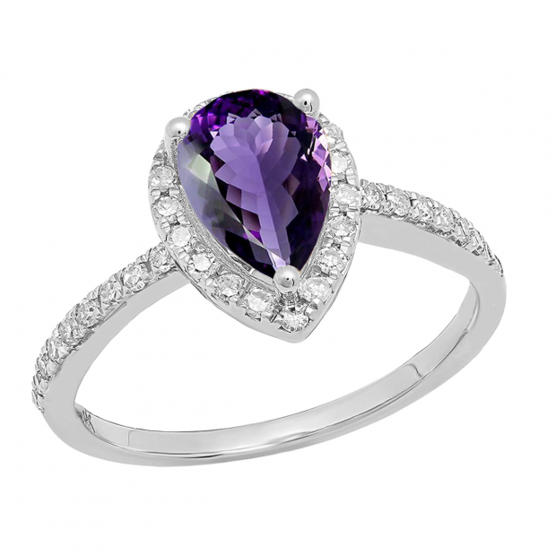 10X7 MM Pear Amethyst & Round White Diamond Ladies Halo Engagement Ring 10K White Gold