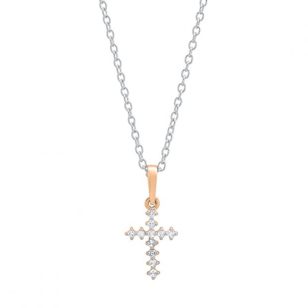 0.10 Carat (cttw) Round White Diamond Ladies Cross Pendant 1/10 CT 18K Rose Gold